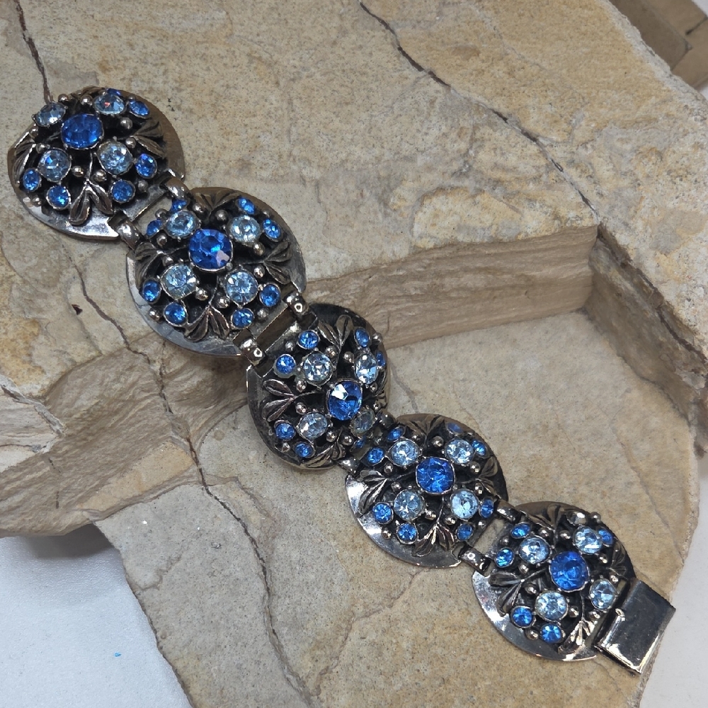 Vintage Blue Rhinestone Statement Pannel Bracelet